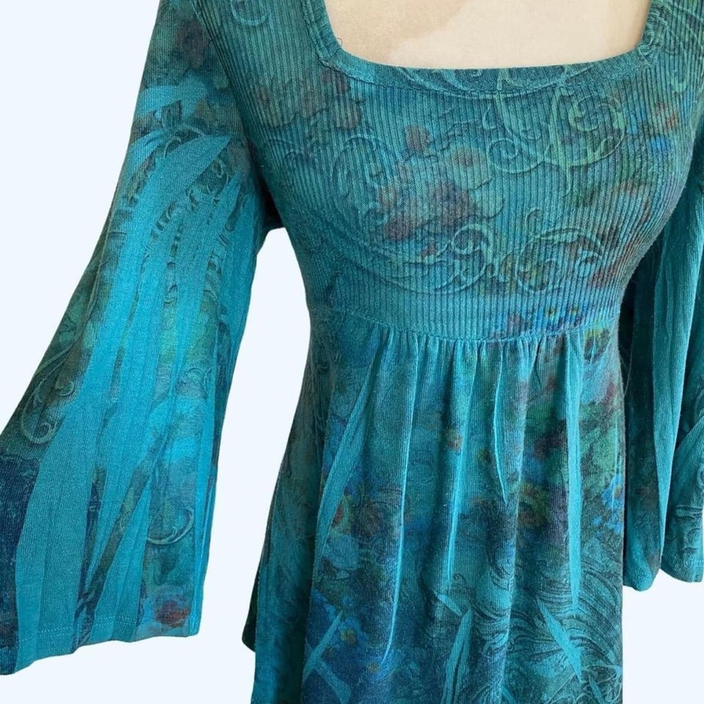Light Blue Babydoll Knit Sweater With Bell Sleeves And Floral Tattoo Design
